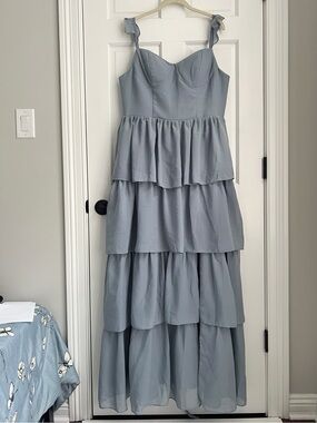 Dusty Blue A-line Tiered Ruffle Chiffon Maxi Dress Size 14